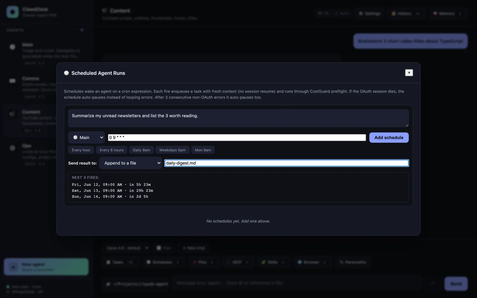 Scheduler destinations: Cron runs that report to the app, a file, or Telegram, with run history.